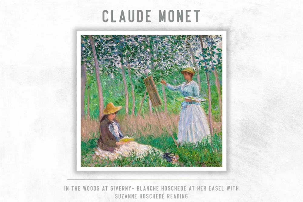 In The Woods At Giverny- Blanche Hoschedé At Her Easel With Suzanne Hoschedé Reading by Claude Monet
