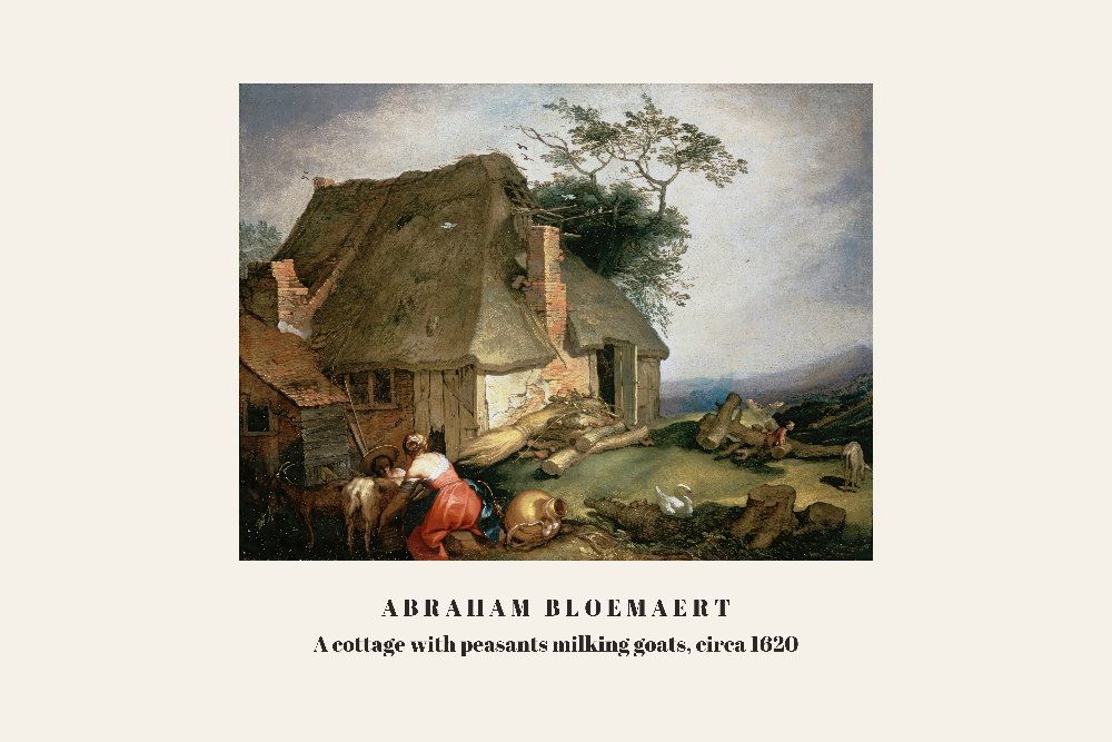A cottage with peasants milking goats by Abraham Bloemaert