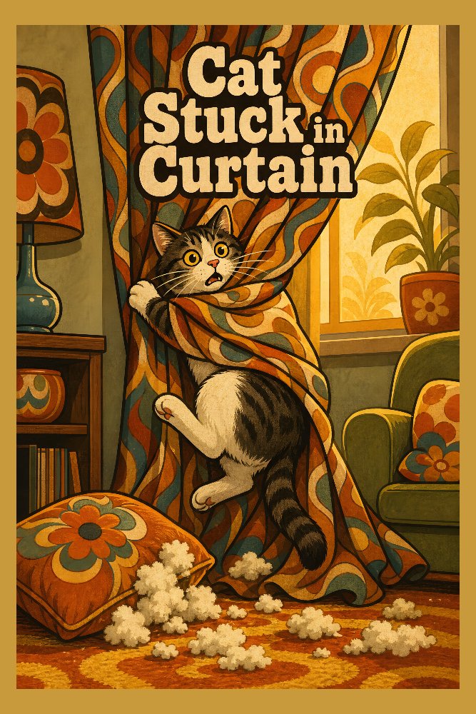 Cat Stuck in Curtain — Curtain Cling by Fab Posters