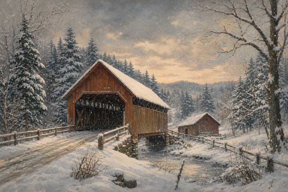 Snowy Covered Bridge — Covered Bridge in Snow by Fab Posters