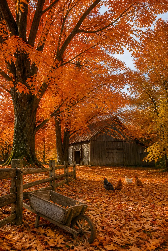 Barn Beneath Orange Maple Trees — Maple Canopy Barn by Fab Posters