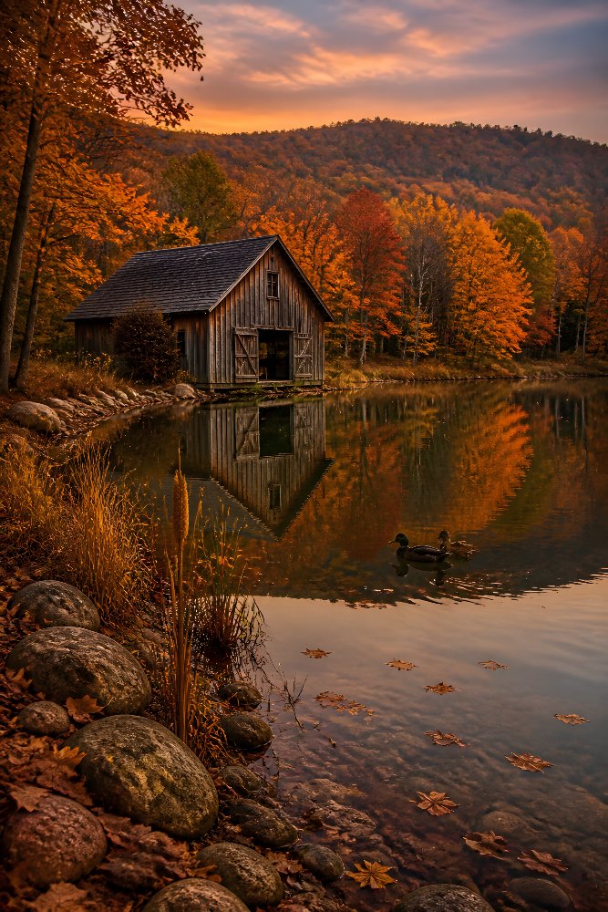 Barn Beside an Autumn Pond — Barn by the Pond by Fab Posters