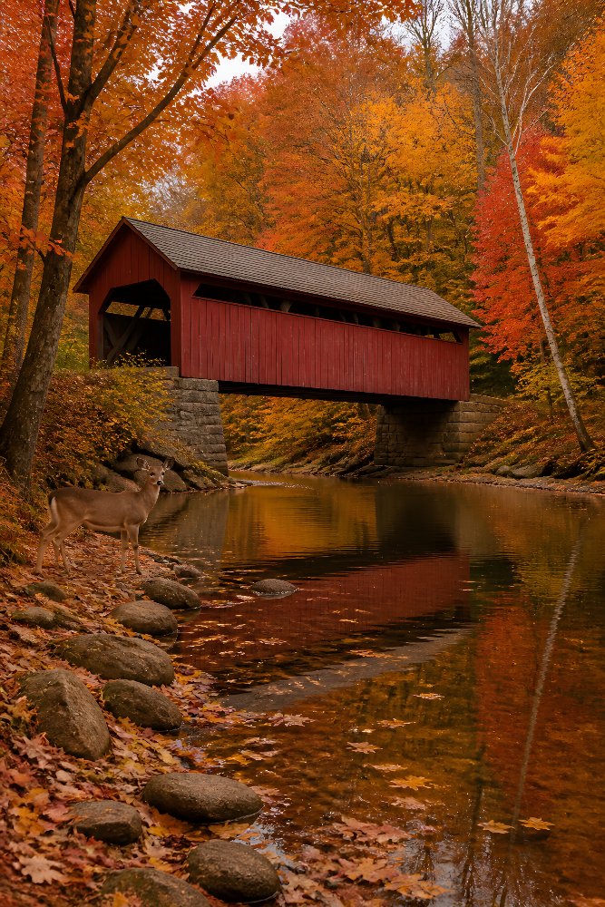 Covered Bridge and Fall Foliage — Bridge in Amber by Fab Posters