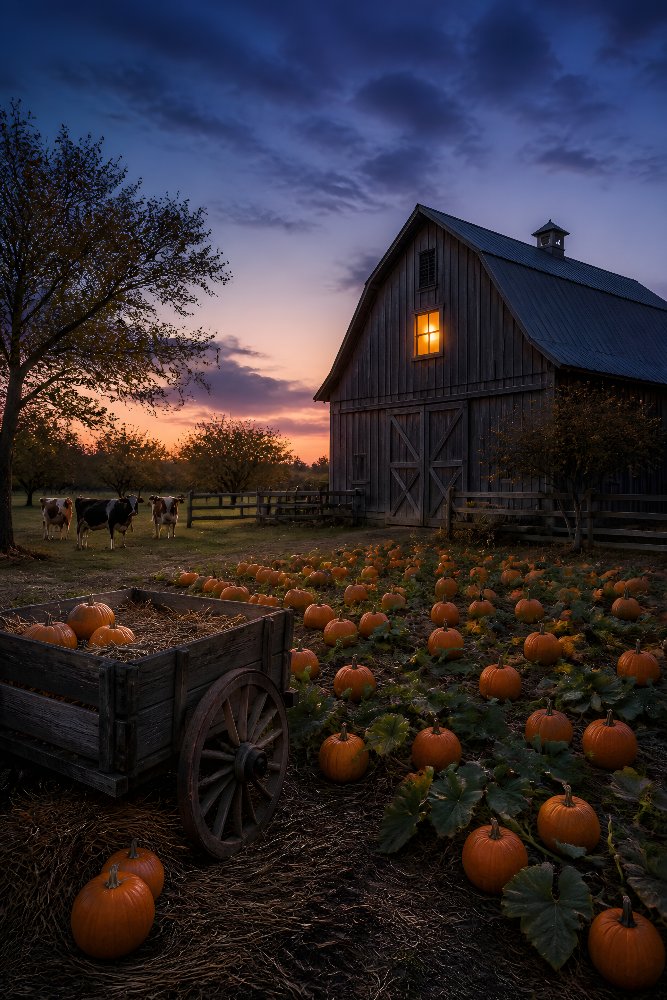 Pumpkin Patch Beside an Old Barn — Patch at Dusk by Fab Posters