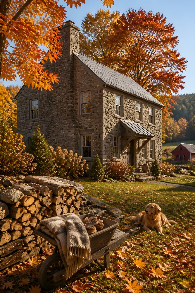 Stone Farmhouse in Fall — Stone House and Maples by Fab Posters