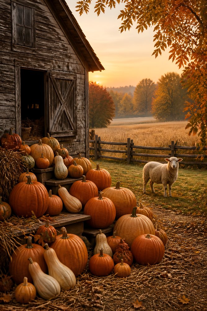 Weathered Barn with Pumpkins — Pumpkin Morning Barn by Fab Posters