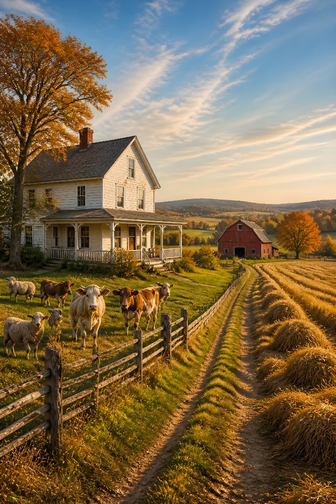 White Farmhouse and Autumn Fields — White House Harvest by Fab Posters