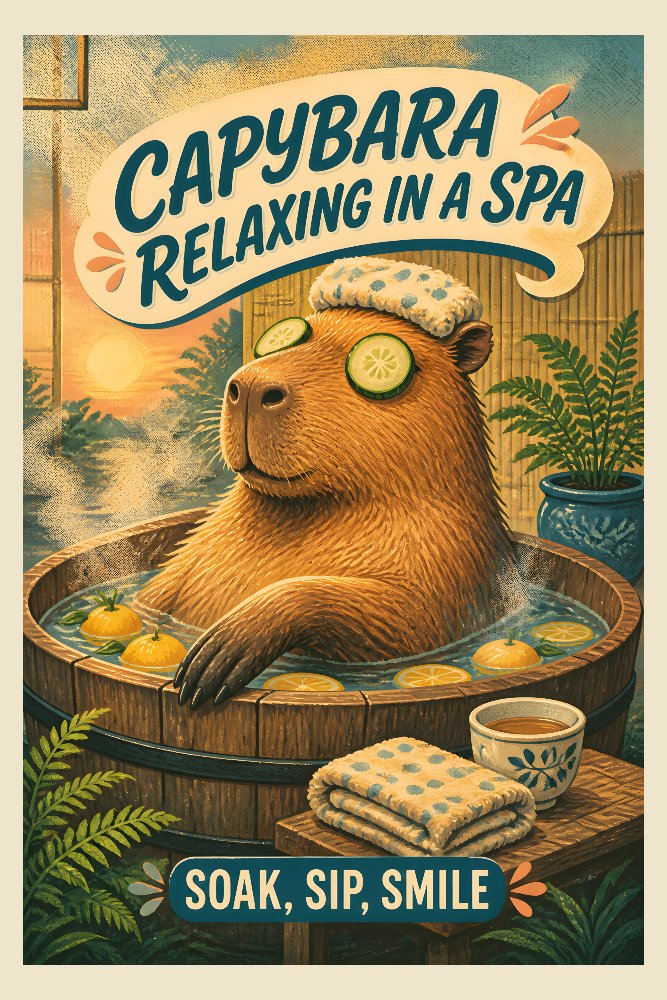Capybara Relaxing in a Spa — Spa Day Capybara by Fab Posters