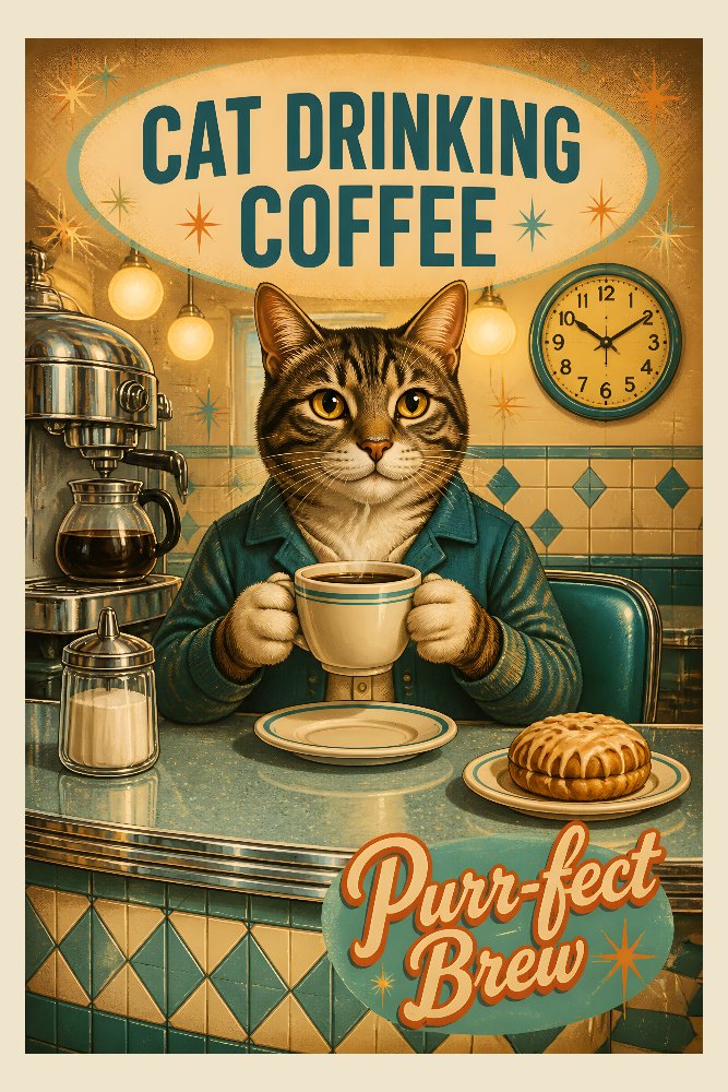 Cat Drinking Coffee — Morning Purr by Fab Posters