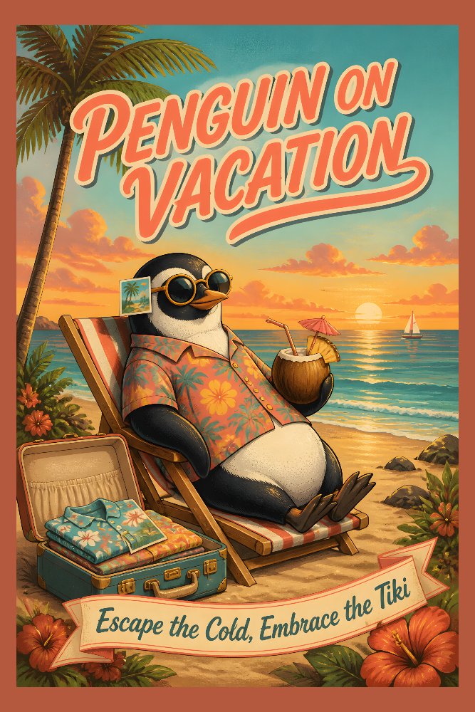 Penguin on Vacation — Tiki Break by Fab Posters