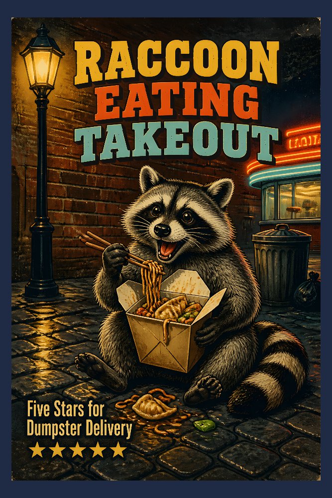 Raccoon Eating Takeout — Midnight Takeout by Fab Posters