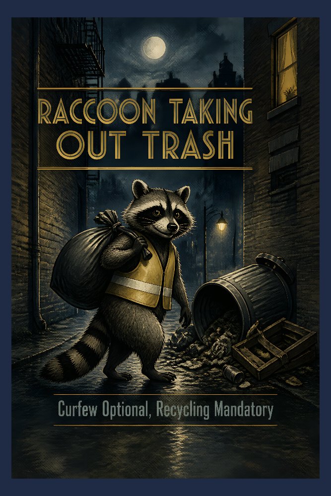 Raccoon Taking Out Trash — Midnight Recycler by Fab Posters
