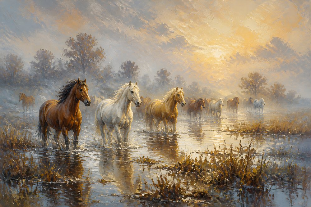 Horses Emerging Through Mist — Morning Mist by Fab Posters