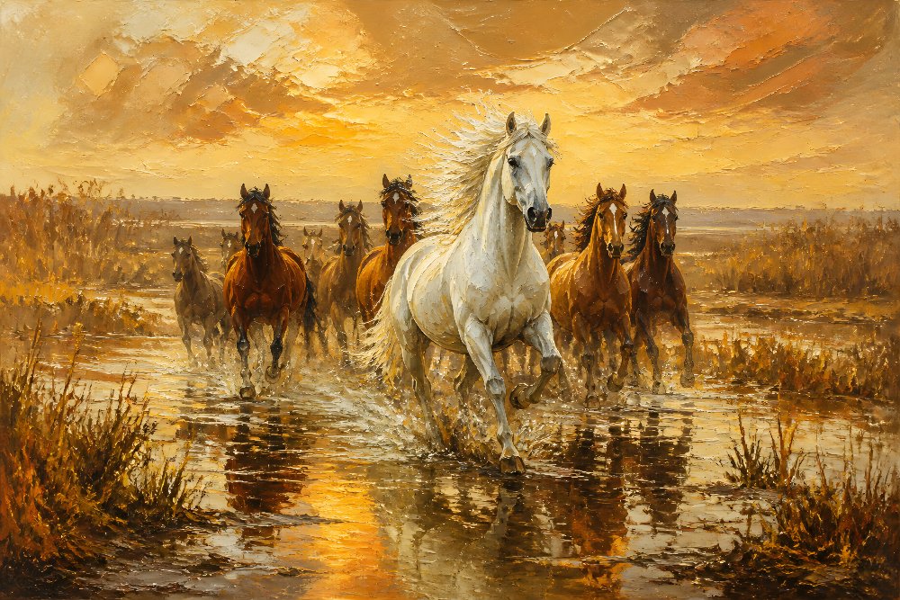 White Stallion Leading the Herd — Snow-Leader Stallion by Fab Posters