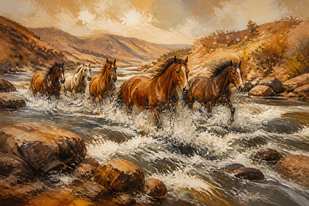 Wild Horses Crossing a River — River Crossing by Fab Posters