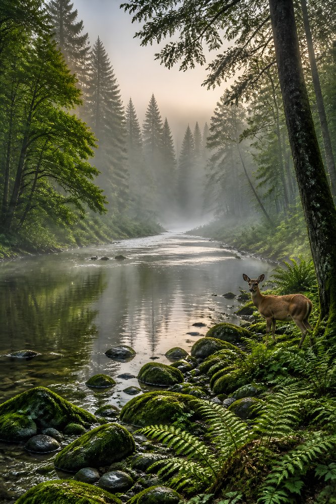 Forest River in Morning Fog — Hushed River Mist by Fab Posters