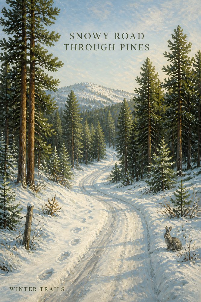 Snowy Road Through Pines — Pine Road Morning by Fab Posters
