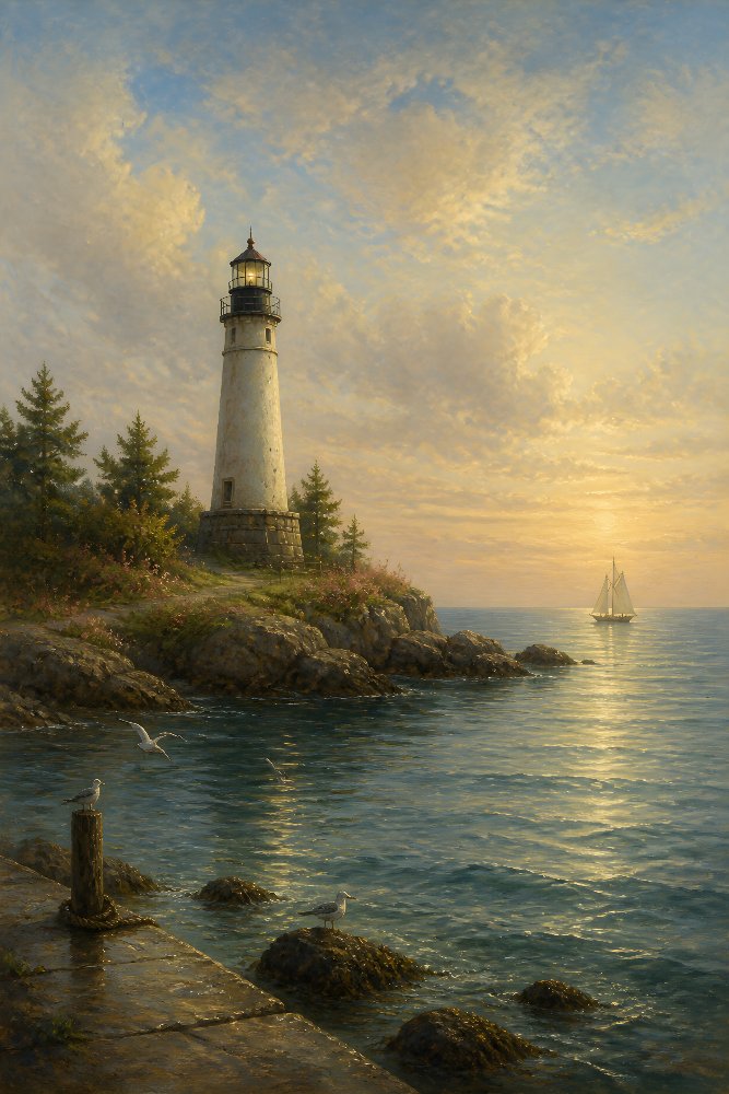 Lighthouse and Distant Sailboat — Voyager's Light by Fab Posters