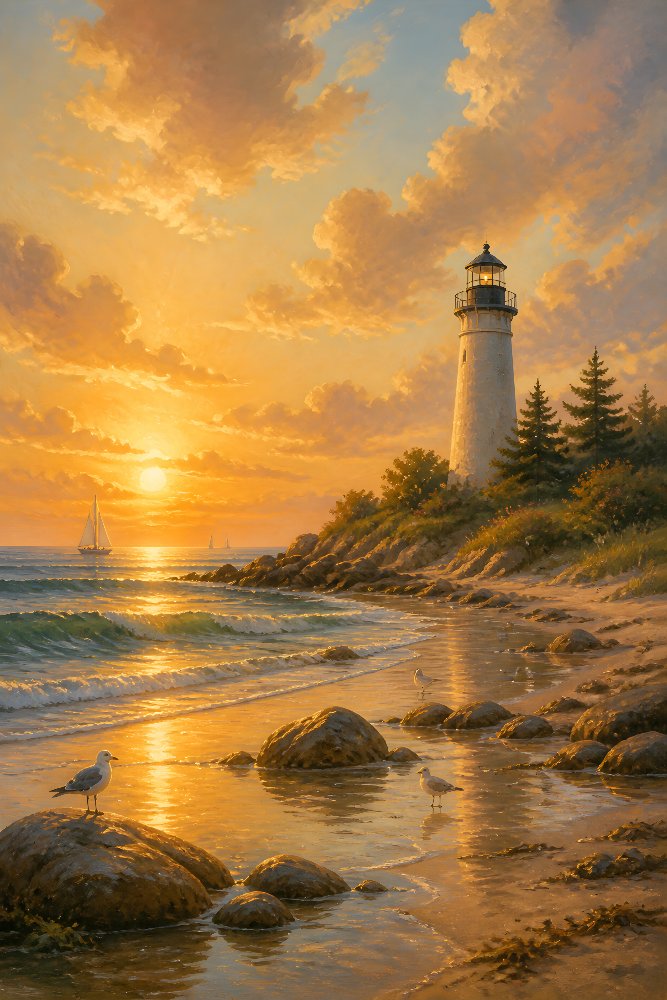 Lighthouse at Golden Sunset — Golden Beacon by Fab Posters
