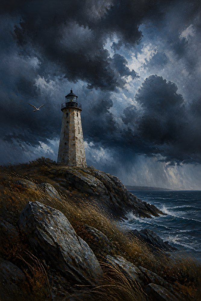 Lighthouse Beneath Dark Thunderclouds — Under the Black Sky by Fab Posters
