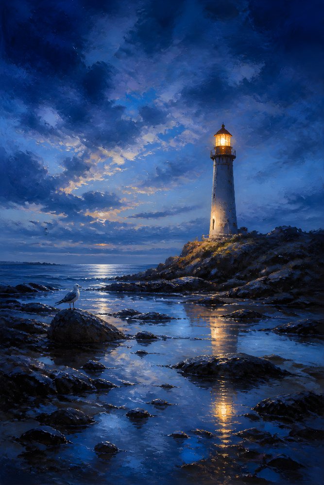 Lighthouse During Dramatic Blue Hour — Blue Hour Beacon by Fab Posters