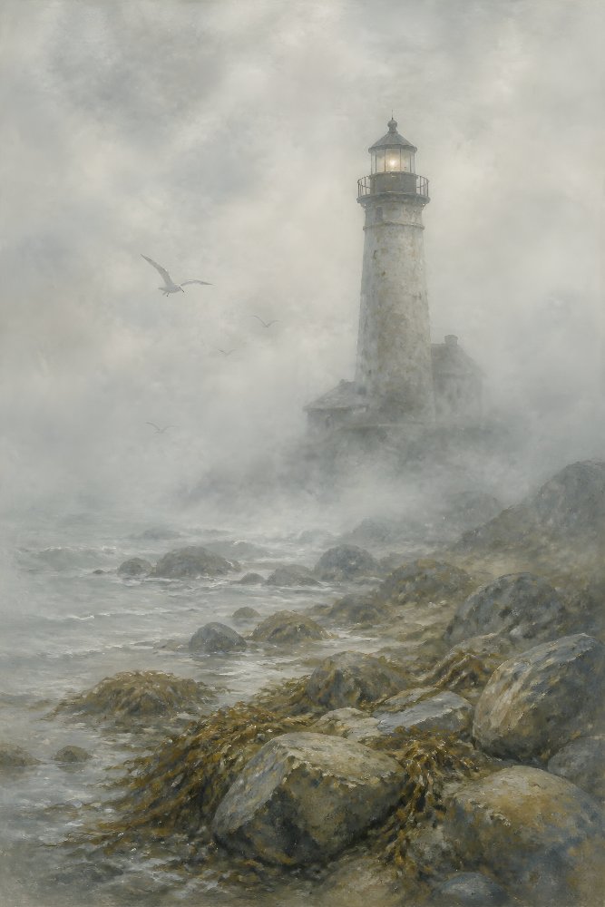 Lighthouse in Heavy Coastal Fog — Veiled Light by Fab Posters