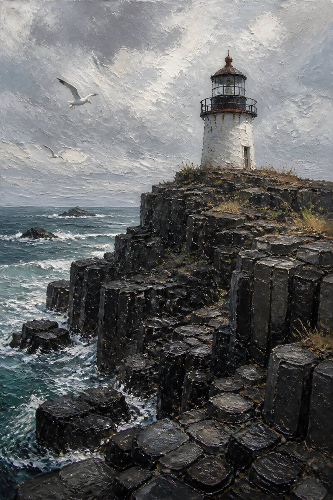 Lighthouse on Rugged Black Rocks — Basalt Sentinel by Fab Posters