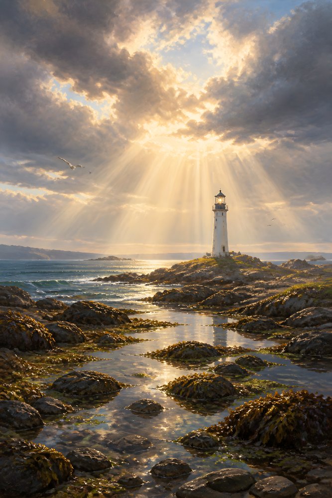 Lighthouse with Sun Rays Through Clouds — Shafts of Morning by Fab Posters