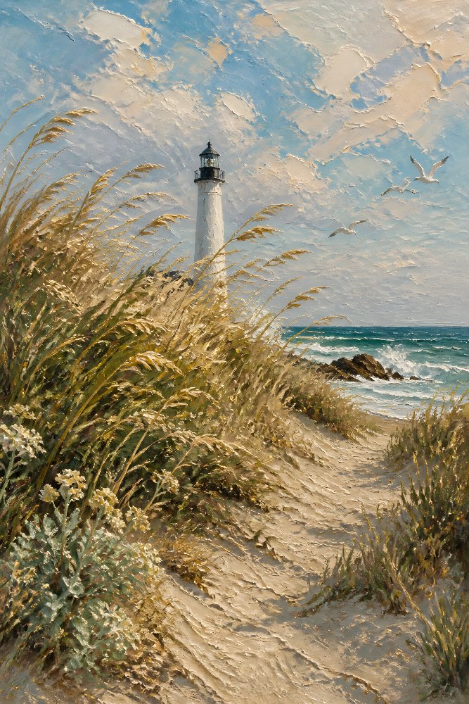 Lighthouse with Windswept Beach Grass — Grassy Dunes Beacon by Fab Posters